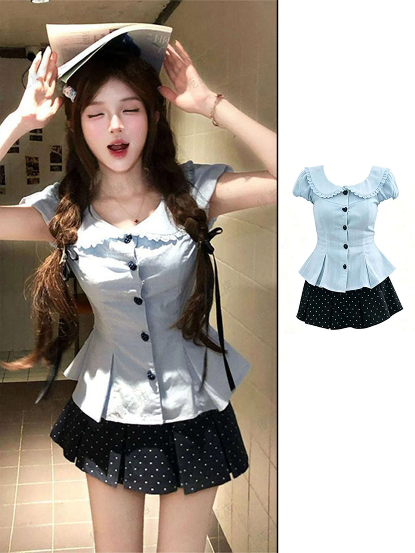 Sweet Girl Fish Tail Shirt Doll Collar Women's Summer Polka Dot Pleated Skirt Set Fashionable Casual Workwear Anti-Wrinkle