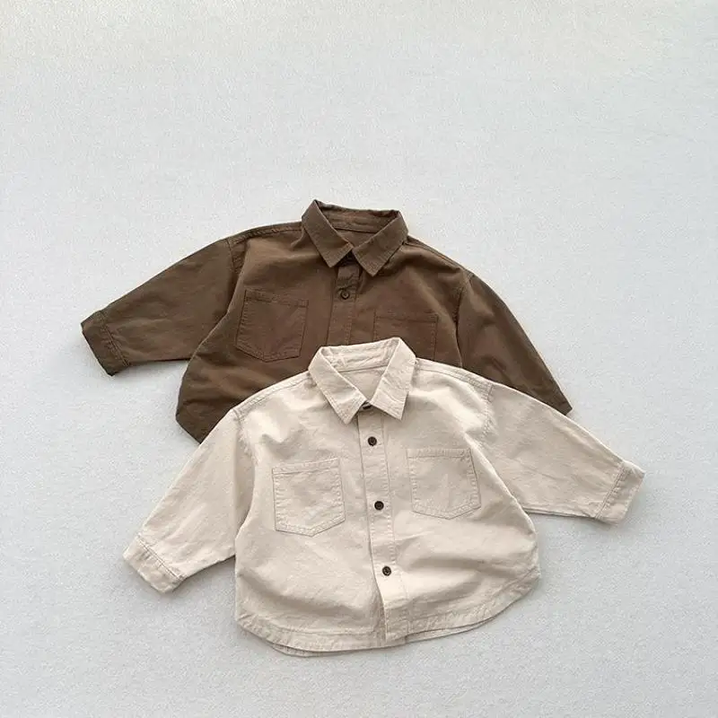 

2025 Autumn New Children Long Sleeve Shirts Fashion Boys Simple Lapel Shirts Girls Vintage Casual Shirts Cotton Kids Clothes