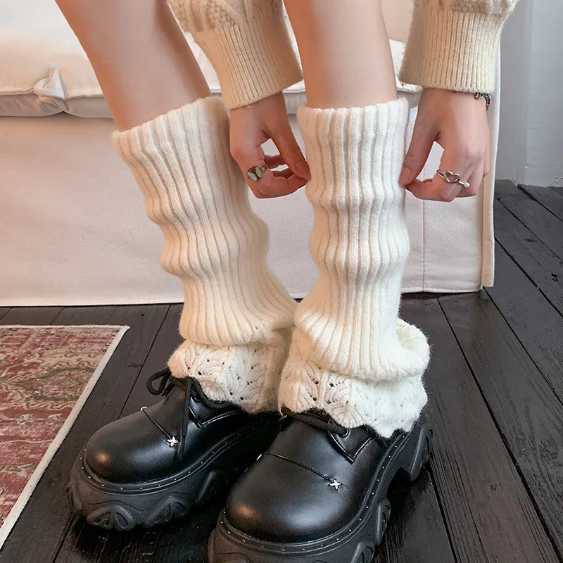 

Роскошные вязаные гетры крупной вязки с кружевными вставками, вязаные крючком манжеты для ботинок в стиле Лолита, зимние готические длинные носки-аксессуары