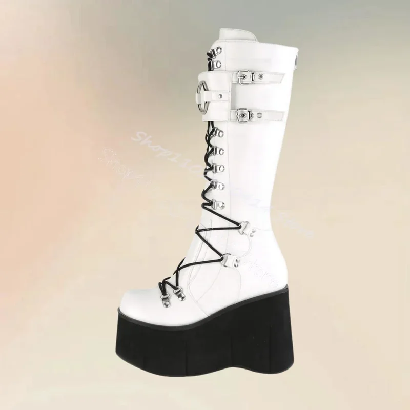 

White Belt Fastener Strappy Round Toe Platform Boots Back Zipper Women Shoes Wedges Heel Party Banquet 2025 Zapatos Para Mujere