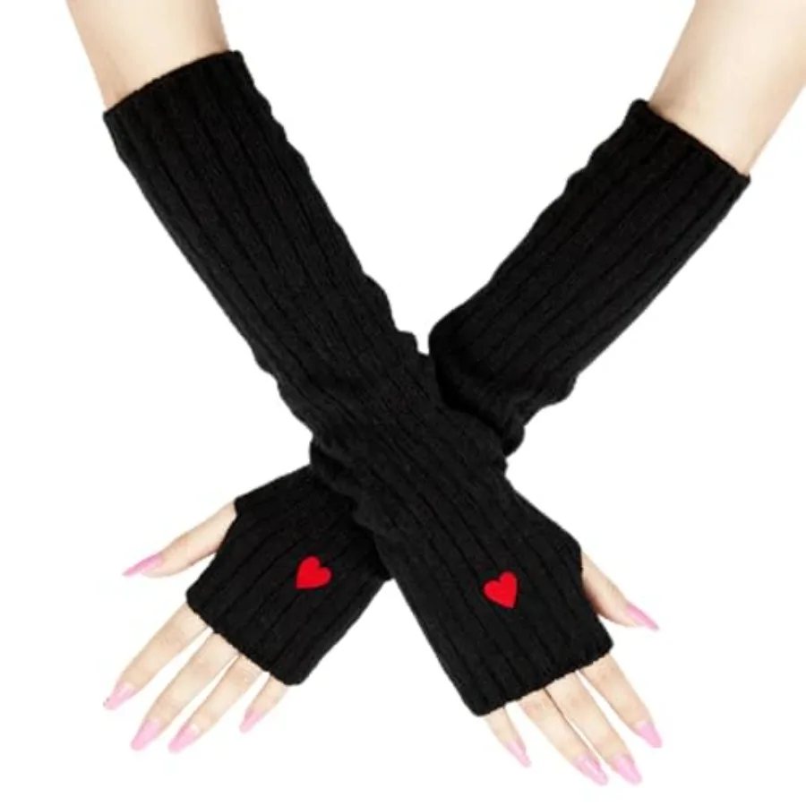 

Cute Heart Long Fingerless Y2K Goth Harajuku Arm Warmers for Women Girls, Winter Warm Knit Thumb Hole Mittens