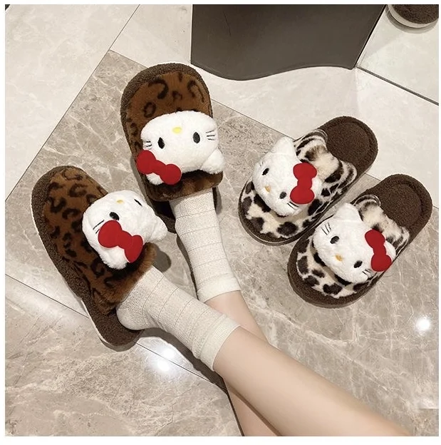 Cute Hello Kitty Hairy Shoes Women's Outdoor Slippers Winter New Cartoon Leopard Pattern Thick Bottom Cotton Slippers