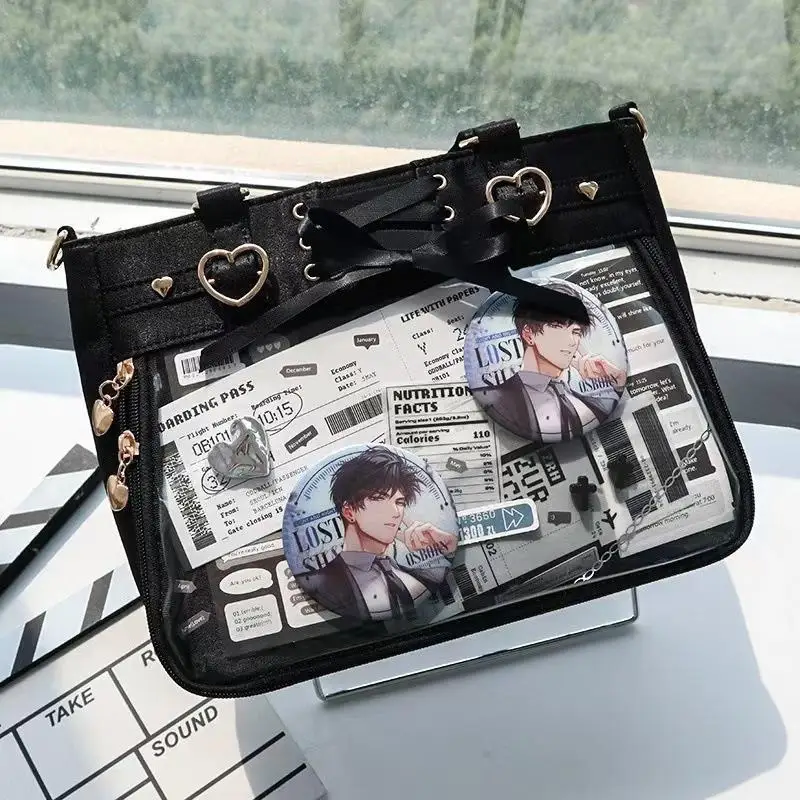 

Transparent Ribbon Bow Black Ita Bag Women Harajuku Aesthetic Large Capacity Shoulder Bags Lady Versatile Satin Handbag Bolso