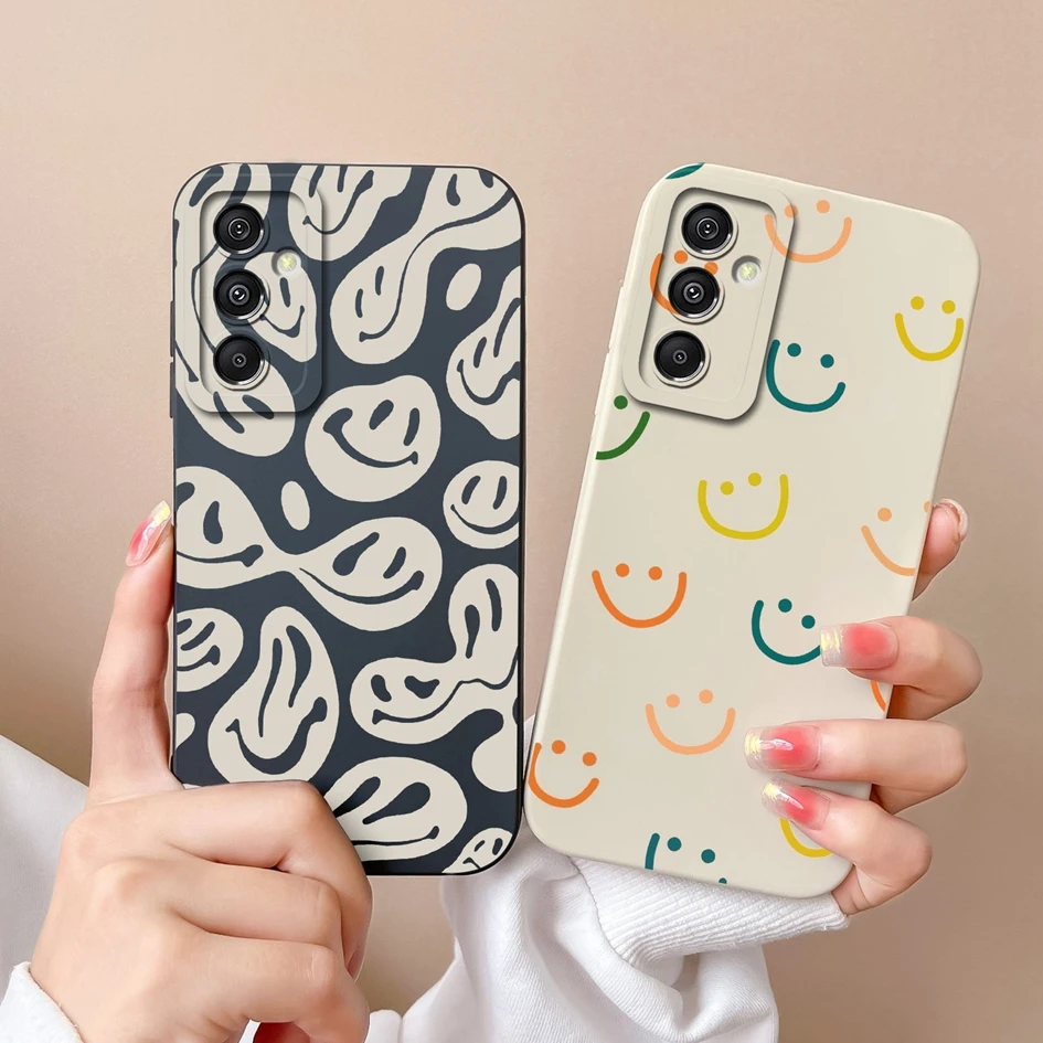 Liquid Silicone Case For Samsung Galaxy M34 5G Smiling Face Fancy Pattern Matte Shockproof Back Cover For Samsung M 34 Funda New