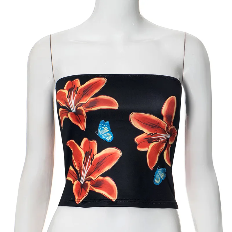 

Summer Women Flower Print Fitted Tube Slim Fit Crop Tops Sleeveless Off Shoulder Strapss Bandeau Tops Going Out
