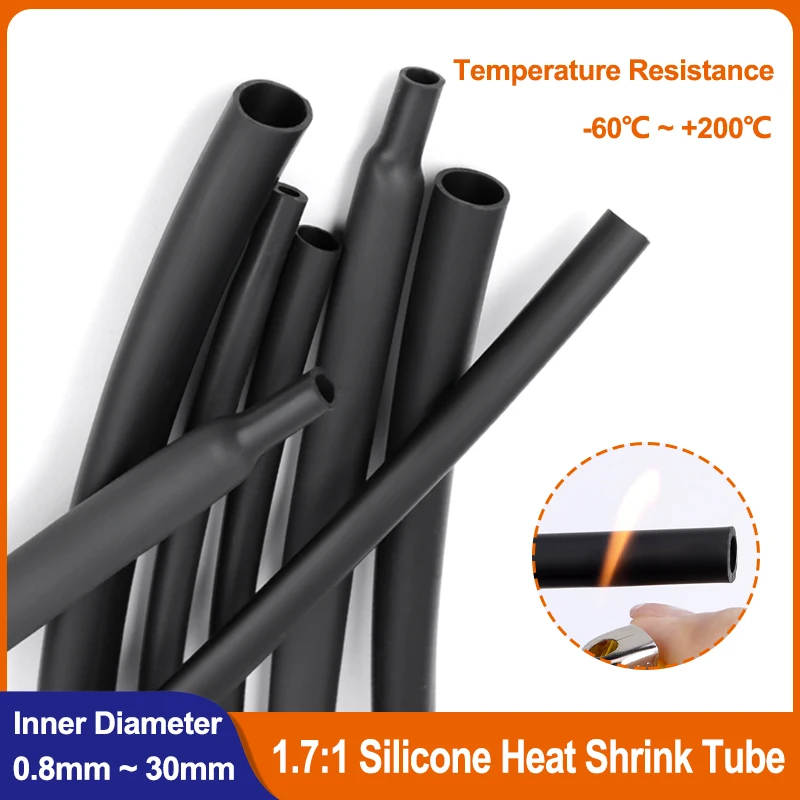 

1/3/5M Black Silicone Heat Shrink Tube 0.8mm ~ 30mm 1.7:1 Shrinkable Insulated High Temperature Cable Sleeve Wire Wrap Protector