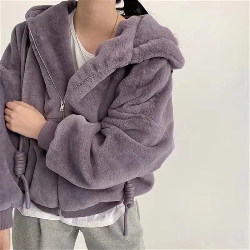 [EWQ] Korean Chic Hooded Long Sleeve Zipper Faux Fur Coat Solid Women Winter Keep Warm Thick Coats 2024 Autumn New Tide 16O2713