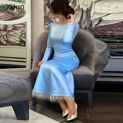 Xijun Baby Blue Satin Modest Evening Dress Tassel Prom Gown Full Sleeves Ankle Length Long Prom Dress For Women Vestido De Festa