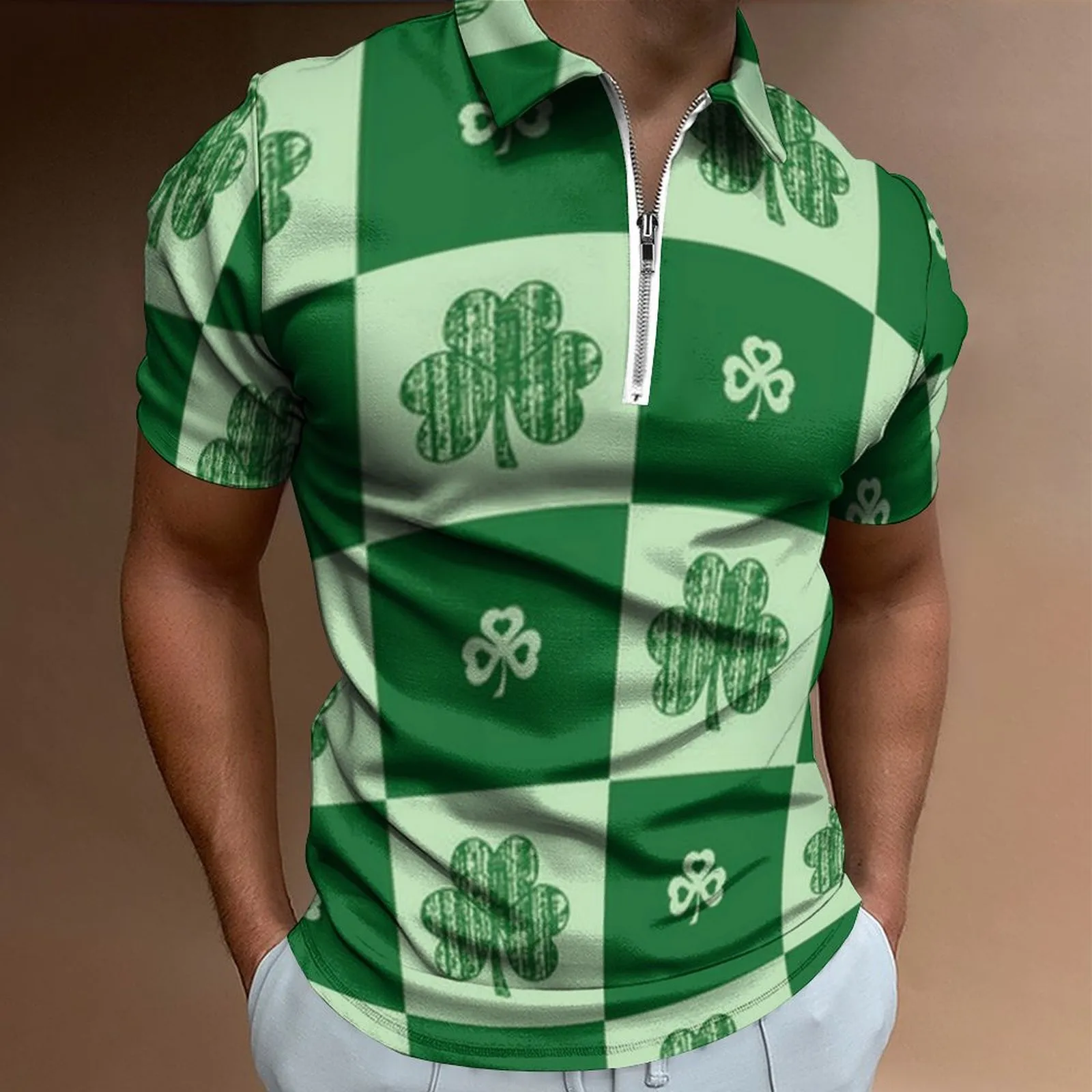 Men's T-shirt St-Patrick-Day Polo-shirt zipper lapel Green Irish-National-Day Clover Graphic Tops tee-shirt Short-Sleeve Chemise