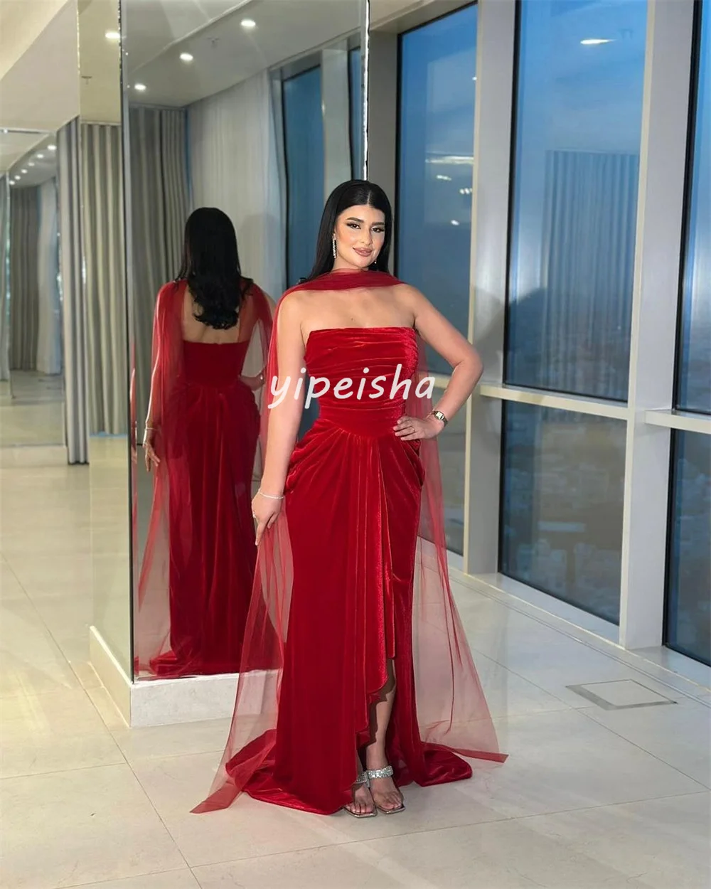 Customized Matching Sexy Velour Pleat Draped Ruched A-line Strapless Long Dresses Bespoke Occasion Dresses Exquisite Fashion