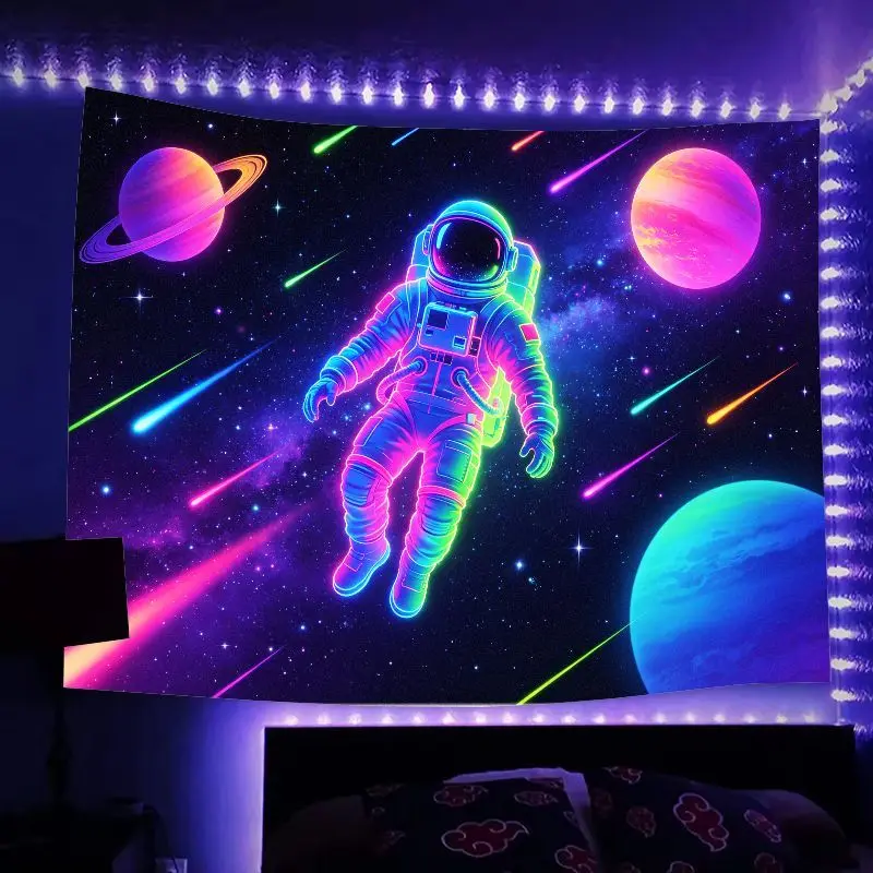 VIKAMA Black Light Neon Astronaut Tapestry, Sci-Fi Space-Themed Wall Decoration for Bedrooms and Halls of Residence
