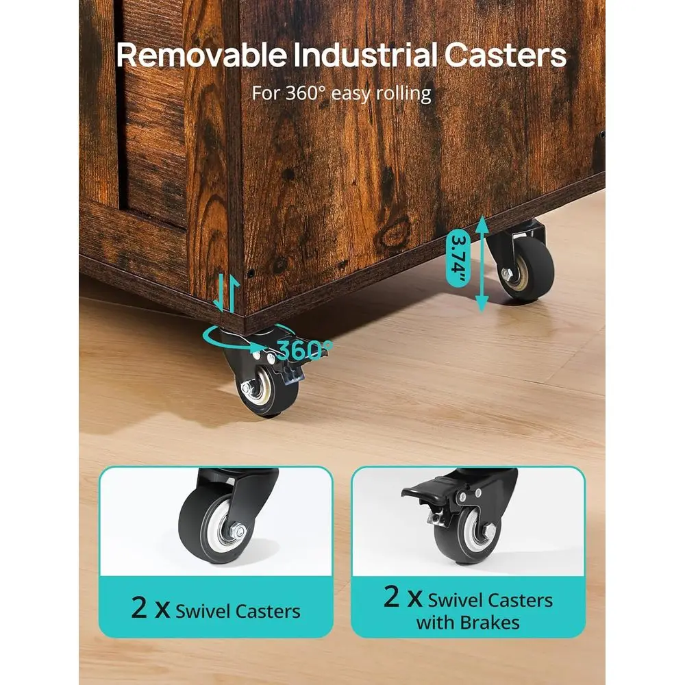 Rustic Brown Wooden Storage Bench, 39.4 with 4 Wheels & 2 Hinges, Supports 300 lbs, for Home Décor