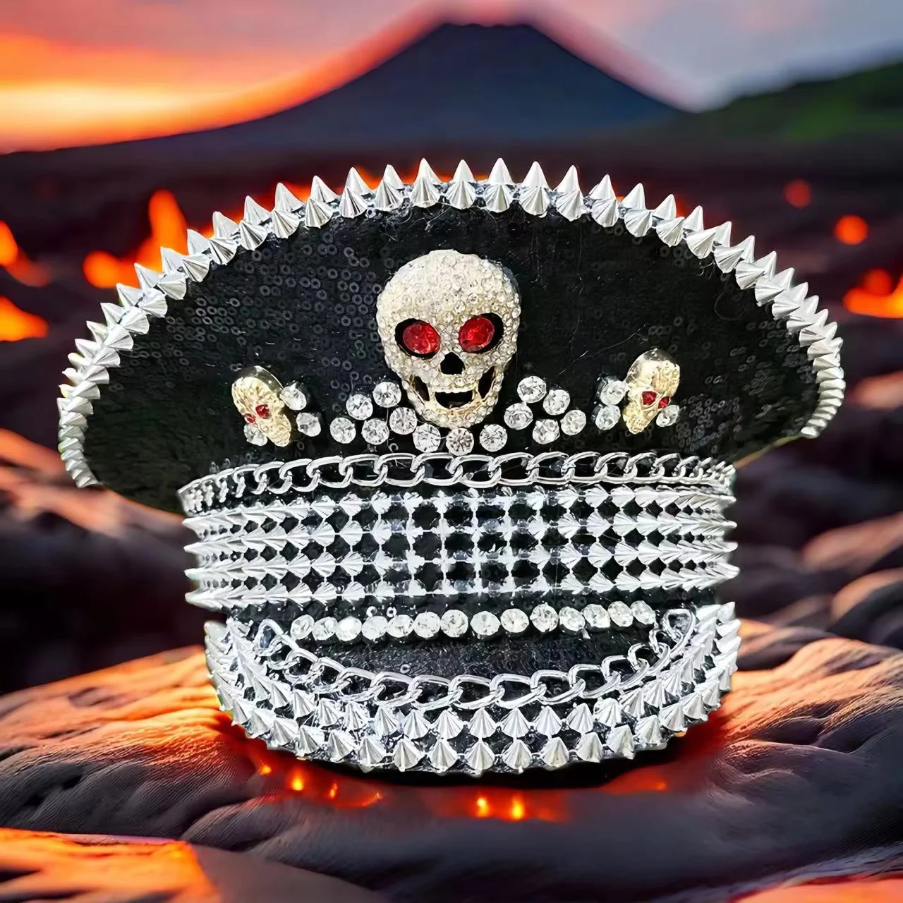 

HongLuan Yellow Laser Leather Loop Captain Hat Rhinestone & Military Caps for Woman, Rave Festivals Accessories ＆ Party Cap Man