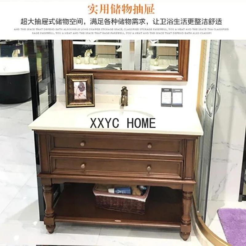 Bathroom Cabinet Combination Chinese Oak Washbasin Bathroom Washstand Solid Wood Marble Washbasin American Style