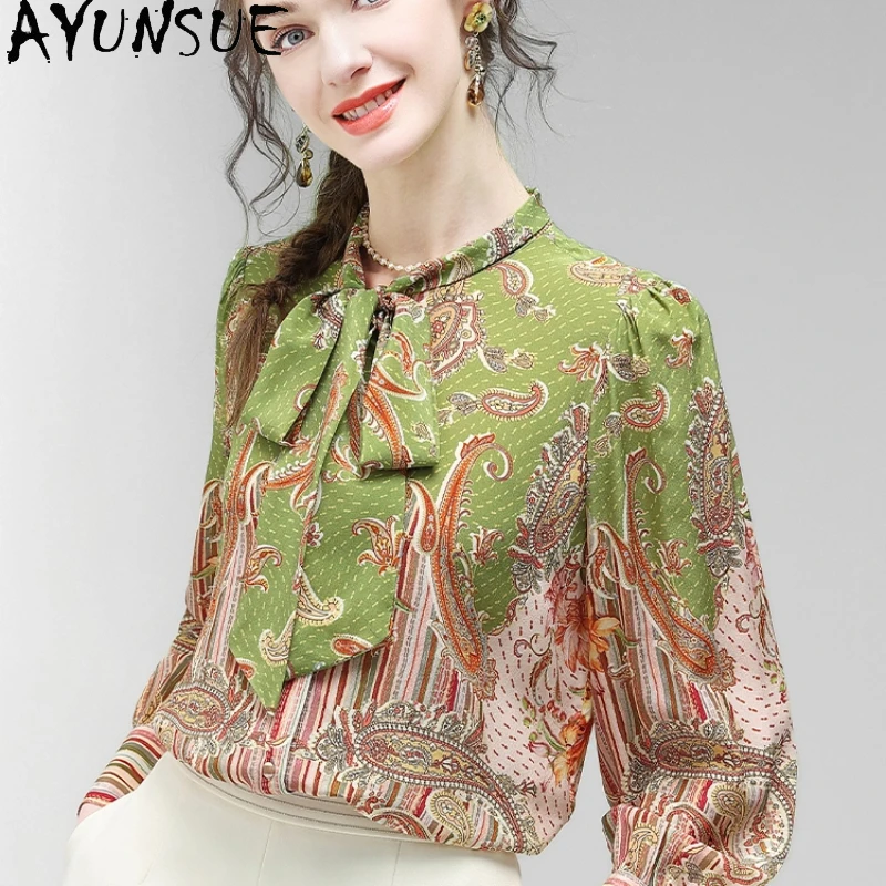 

AYUNSUE Высококачественные рубашки из 100% тутового шелка, женские элегантные рубашки для женской одежды, весна-осень 2021, рубашка с бантом, Camisas De Mujer