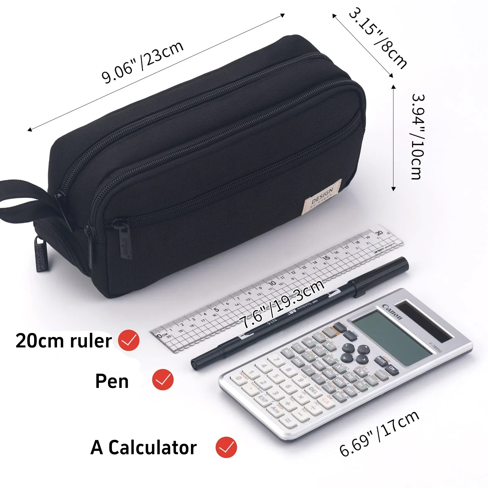 Large Black Multi-Compartment Pencil Case With Smooth Zipper, Portable and Usable as Makeup Bag. New Semester Essentials.