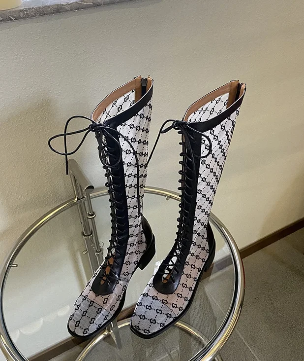 Mesh Black And Apricot Round Toe Knee-High Summer Women Boots Chunky Middle Heels 3.5CM Lace Up Back Zipper Design Shoes