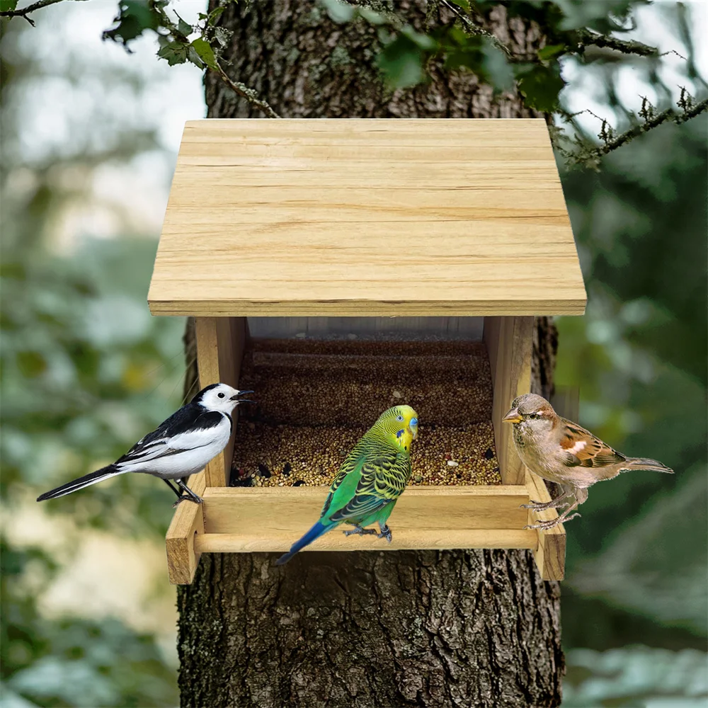 Hanging Wooden Bird Feeder Table Seed Feeder Wildlife Garden Feeding Station with Perch Outdoor Yard