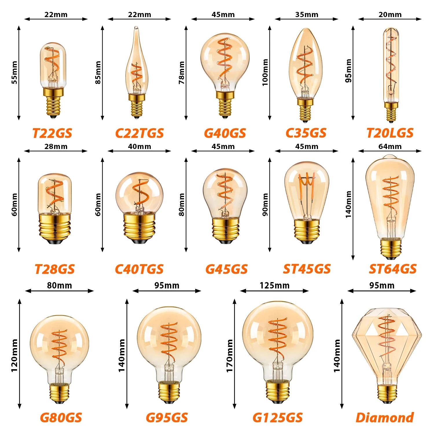E14 LED Filament Spiral Light Bulbs E27 Vintage Gold Tint Glass Ampoule 3W G80 C35 ST64 Retro Indoor Decor Dimmable Edison Bulb