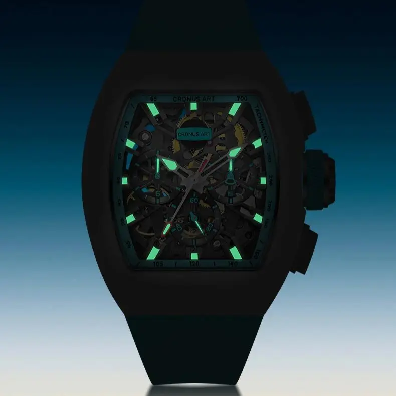 CRONUSART Men Automatic Watch 50MM Chronograph Tonneau Mechanical Wristwatch Luminous Fluororubber Case Skeleton Dial