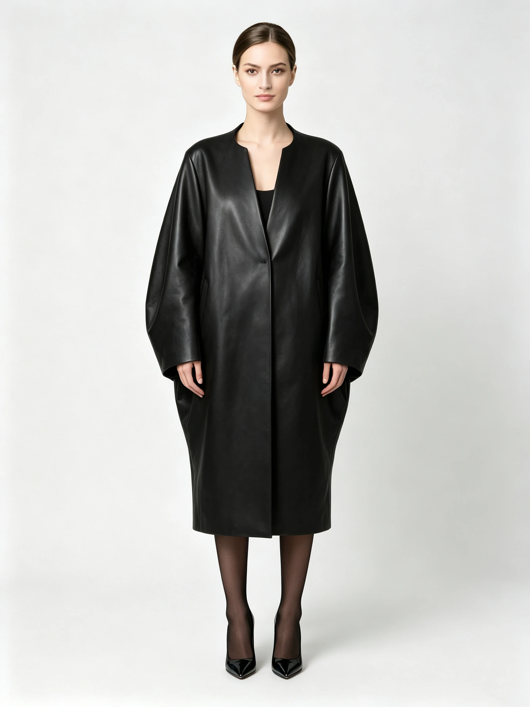 Women's Long Faux Leather Trench Coat with Minimalist Collarless Design and Drop Shoulders