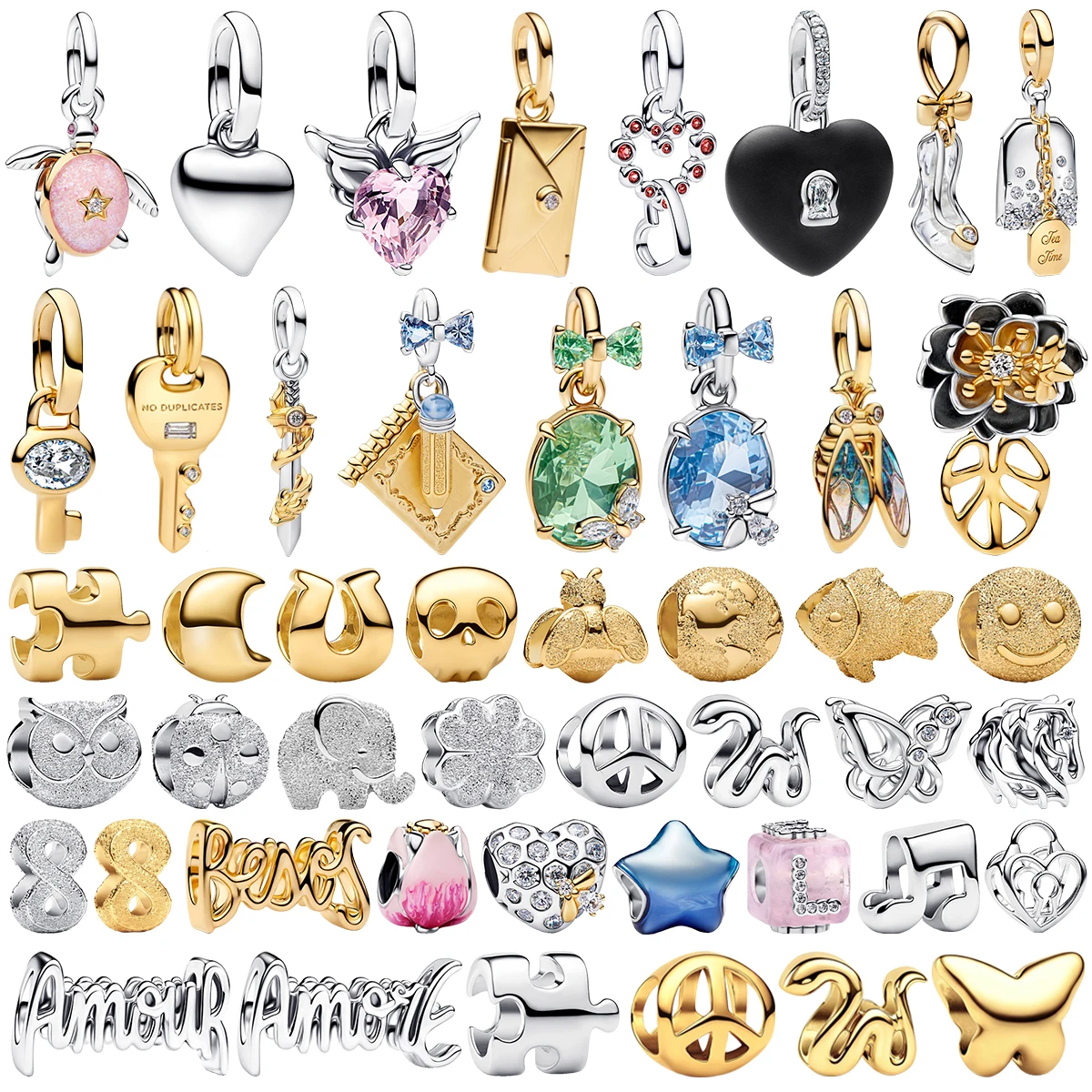 925 Sterling Silver Envelope Heart Sea Turtle Flower Key Lock Butterfly Stiletto Dangle Charms Bead DIY Bracelets Necklaces Gift