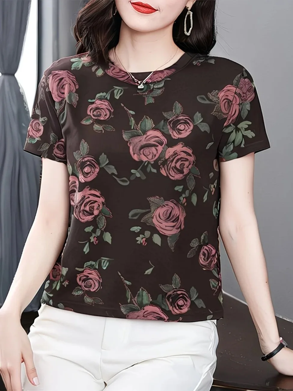 

Fashionable Rose Print Short Sleeve T-Shirt Women's Mid-Aged Mom Versatile Base Layer Top Quality Polyester Fiber round Neck