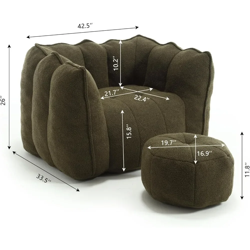 Chenille Bean Bag Chairs For Adults, Comfy Beanbag Lounge Arm Chair With Ottoman Stool And High Resilient Foam Chips|