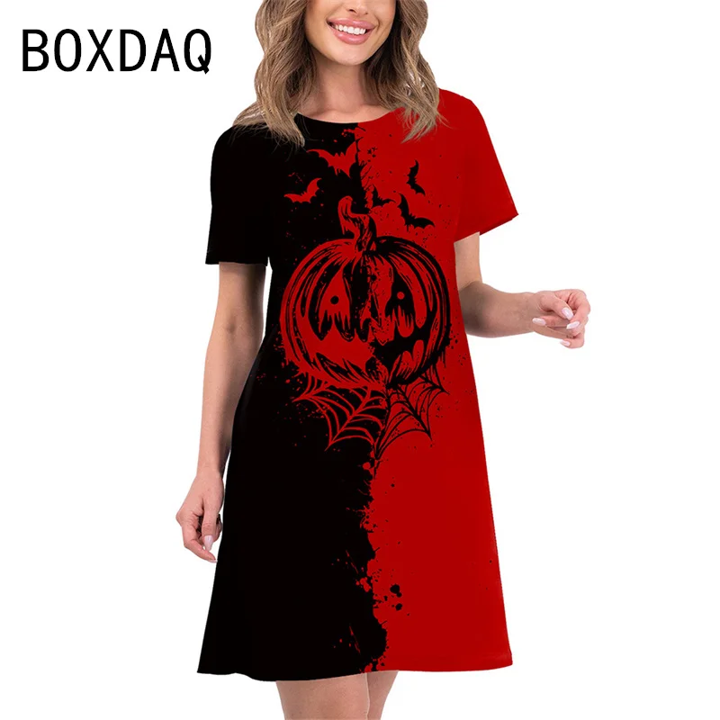 

3D Funny Pumpkin Lantern Pattern Printed Dress Women Halloween Party Dress Short Sleeve O-Neck Casual A-Line Dress