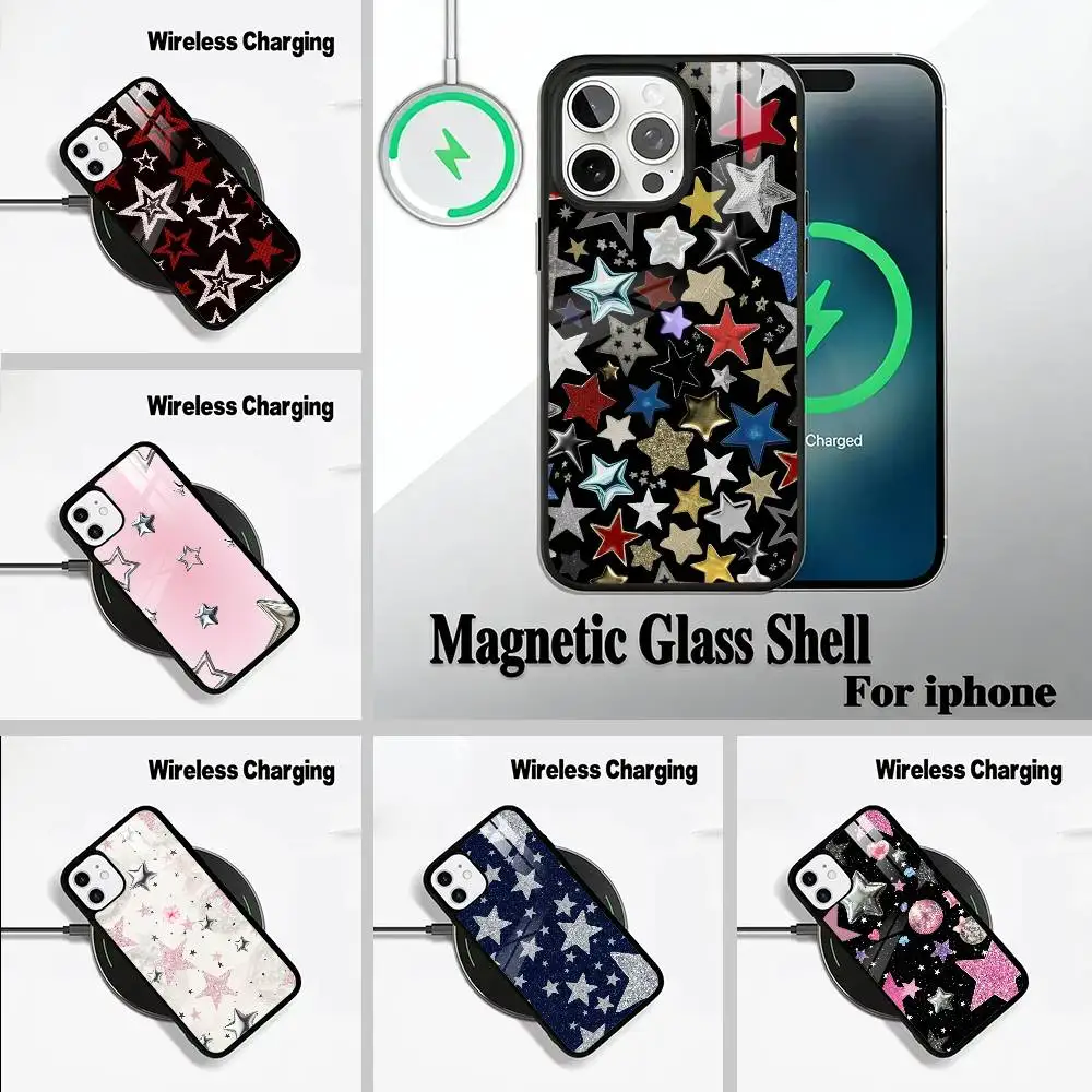 

C-Colorful Star Phone Case For IPhone17 16 15 14 13 12 11 Pro Max 16/15/14Plus Wireless Charger Cover Funda