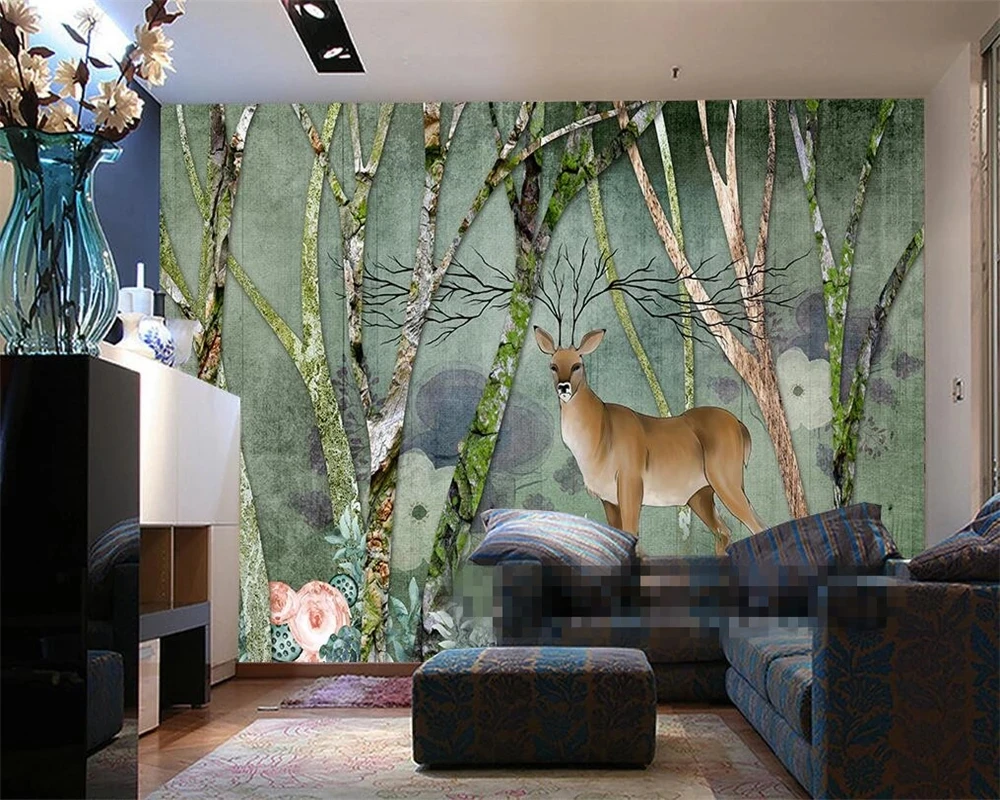 papel-de-parede-personalizado-floresta-europeia-alce-estilo-retro-mural-fotografico-3d-quarto-sala-de-estar-fundo-de-tv-restaurante-arvore-verde