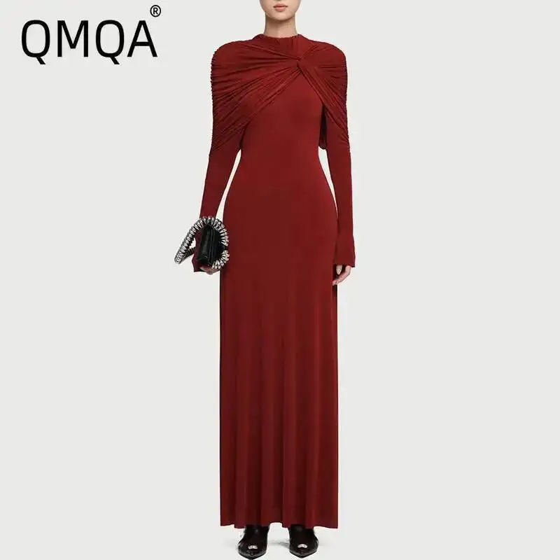 

QMQA Fashion Women's Elegant Dress Solid Kink Asymmetric Pleated Long Sleeve Slimming Elegant Party Dresses 2025 New QM520