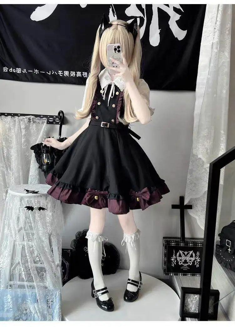 MAGOGO Japanese Lolita Sweet Shirt Strap Dress Suit Women Retro White Flared Long Sleeved Shirt Button Bow Black JSK Dress