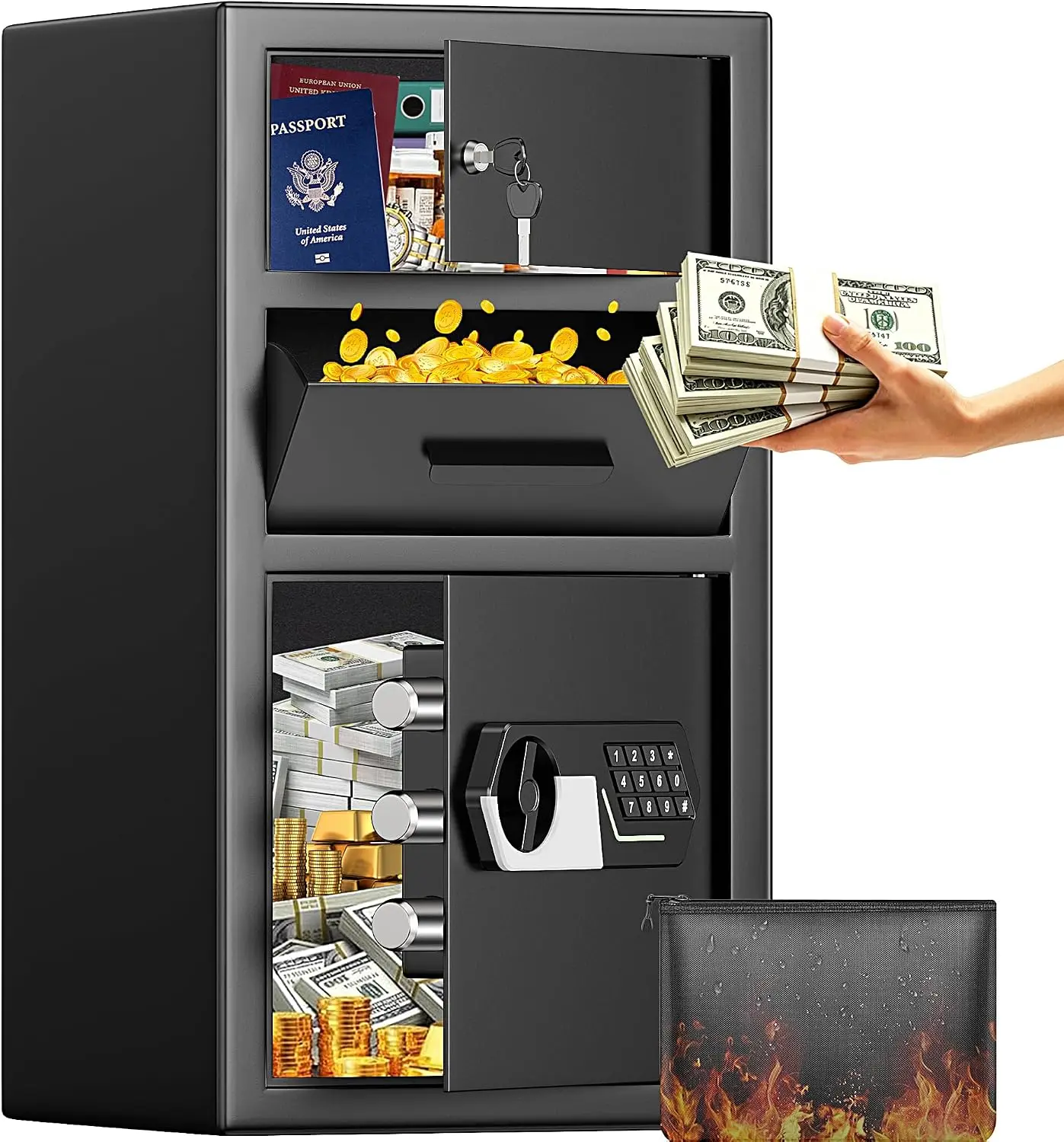 6.0 Cuft Large Depository Drop Safe for Business, Anti-Fishing Deposit Safe Box with Quick Place Drop Slot, Combination Lock and