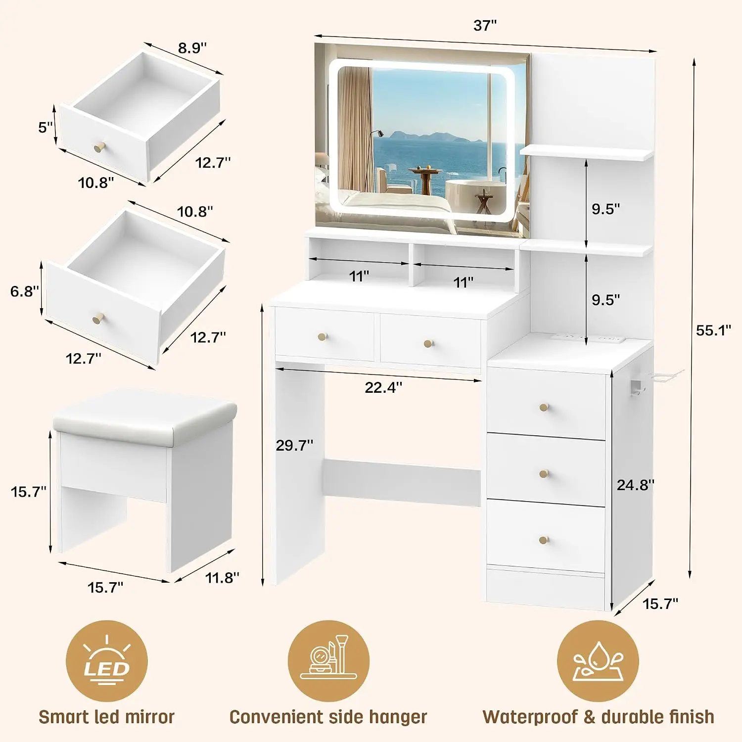 Vanity Desk with Mirror & Lights, Makeup Vanity with 5 Drawers & Cushion Stool, White Vanity Table, 3 Color Modes &, Customized view 2