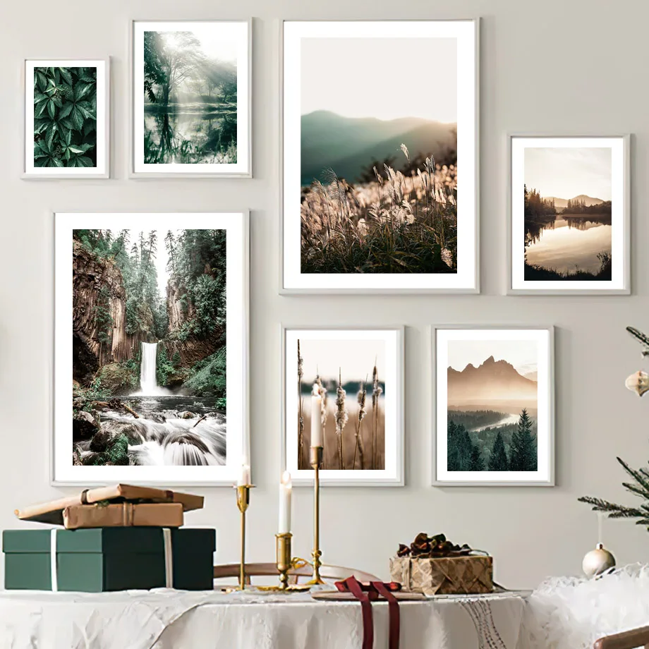 Neutral Nature Canvas Wall Art Prints Green Forest Mountain Waterfall Posters Boho Pampas Grass Lake Landscape Rustic Home Decor