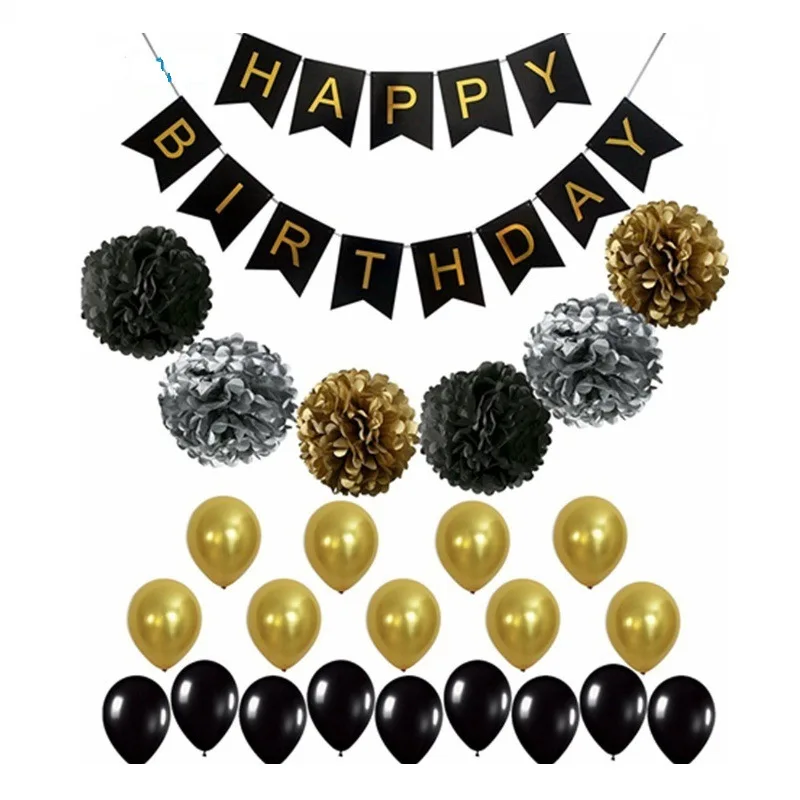 

Hot selling black gold birthday party decorations, paper flower balls, birthday flags, paper string balloons, customized set