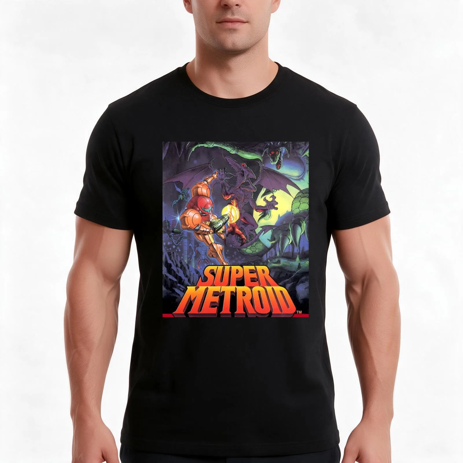 Super Metroid Poster T-Shirt Summer Casual Cotton Tee Oversized Streetwear Tops Vintage Graphic Print Loose Fit Short Sleeve