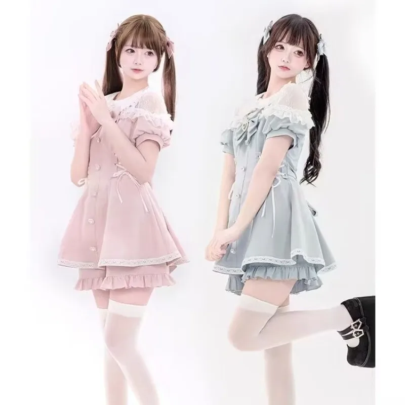 

Summer Sweet Bow Dress Shorts Set Women Kawaii Lace Puff Short Sleeve Shirt Y2k Dresses Female Gothic Lolita Estival Outfits