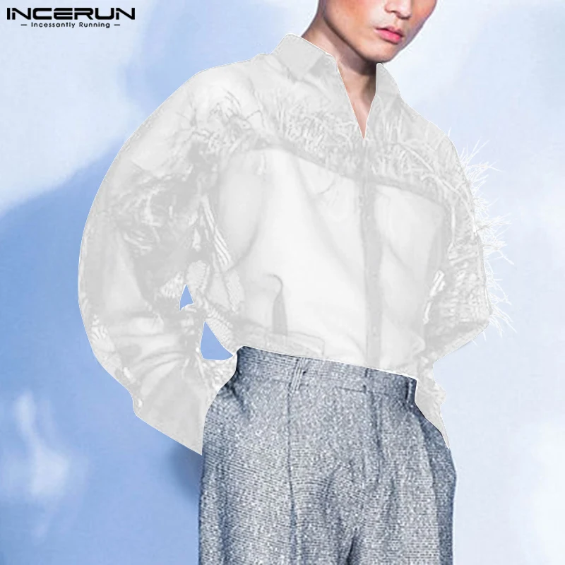 INCERUN Men Long Sleeved Shirts 2024 Casual See Through Handsome Elegant Blouses Lapel Simple Feather Design Loose Top Tunics