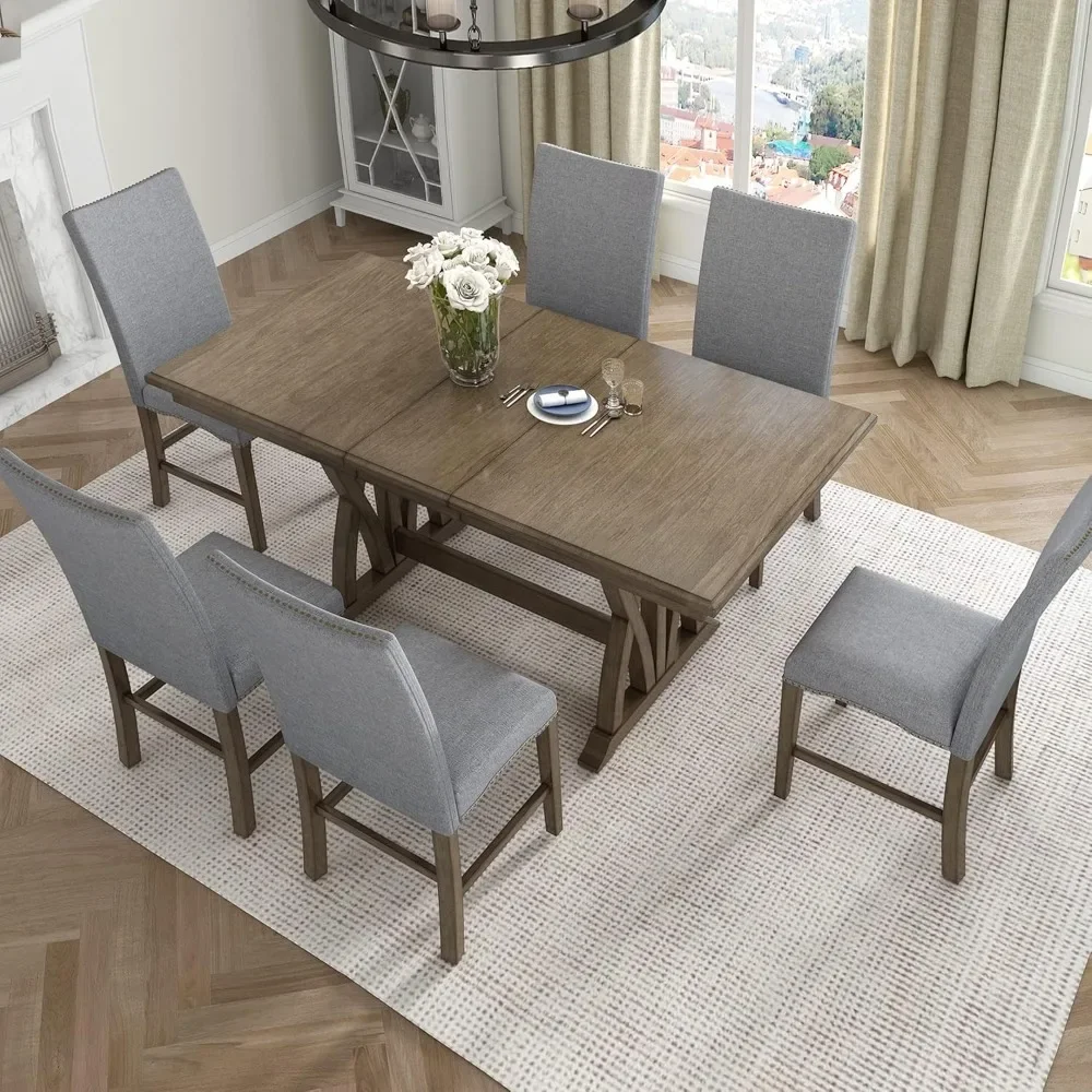 7 Piece Dining Table Set, Extendable Table with 12” Leaf and 6 Upholstered Chairs, Wood Rectangular Dining Set