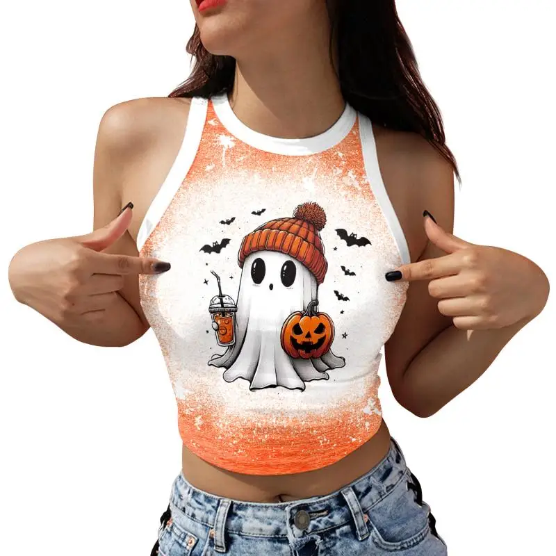 Nadanbao Damen-Crop-Top mit Geister-Kürbis-Print, kurze Weste mit Rosen-Totenkopf-Muster, sexy, schmales, ärmelloses Hemd, Halloween-Party-Top – Detail 31