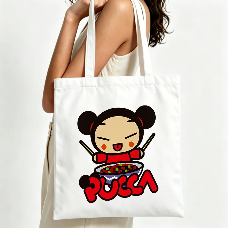 Women's canvas tote bag with cartoon girl and food graphic, casual style for daily shopping and outings