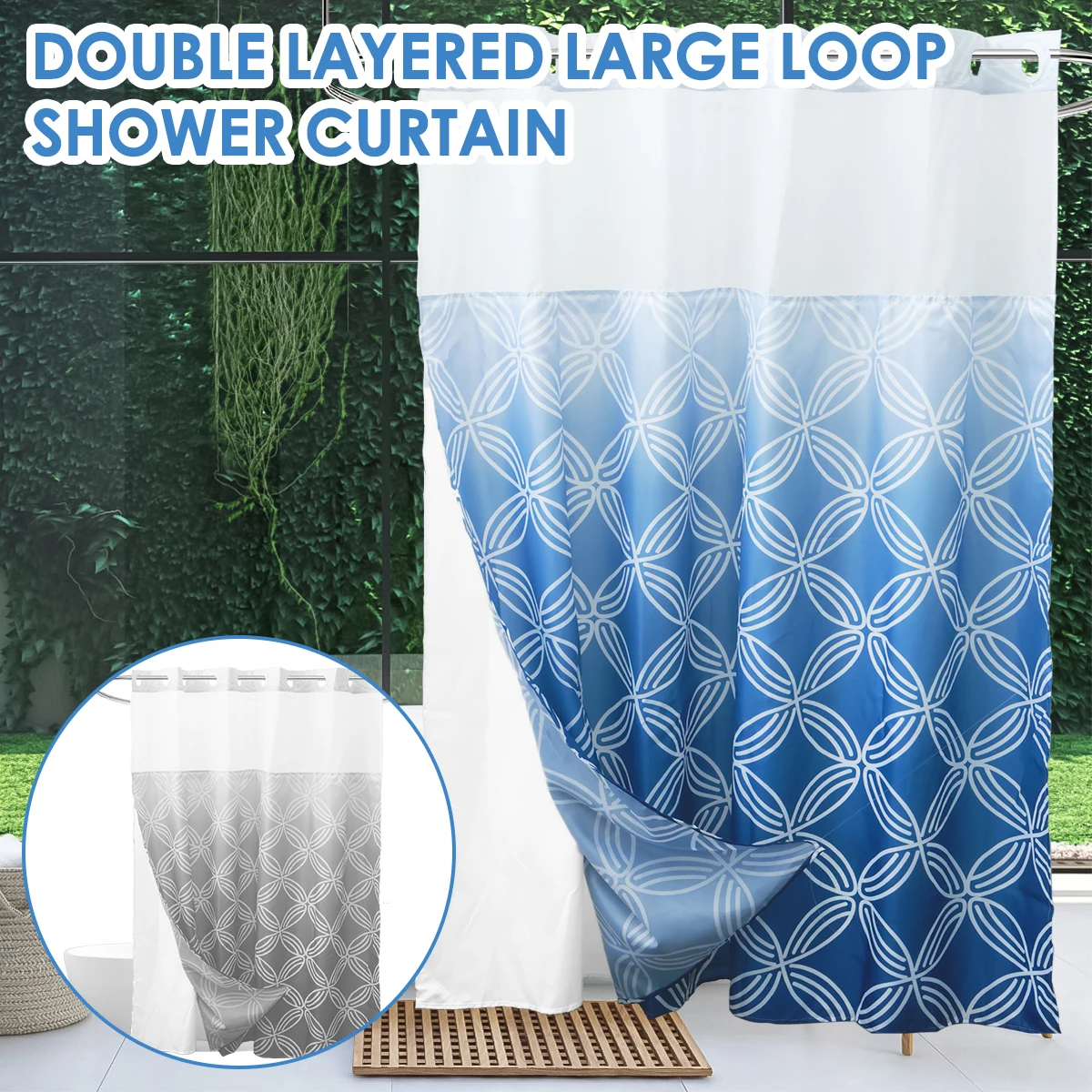 Hook Free Shower Curtain Double Layer Bathroom Curtain with Snap in Liner Waterproof Stripe Shower Curtain Machine Washable