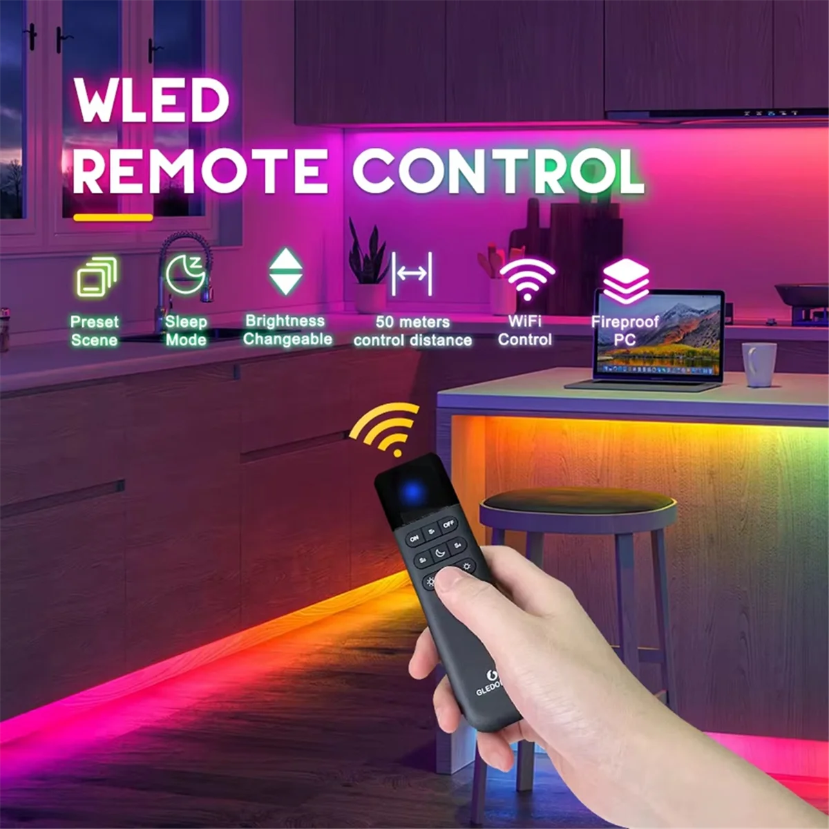 AT379- WLED التحكم عن بعد RGB IC LED ESP الآن APP WiFi سطوع لاسلكي ضبط 4 مشاهد ضوء الليل مسبقا مسافة 50 متر #4