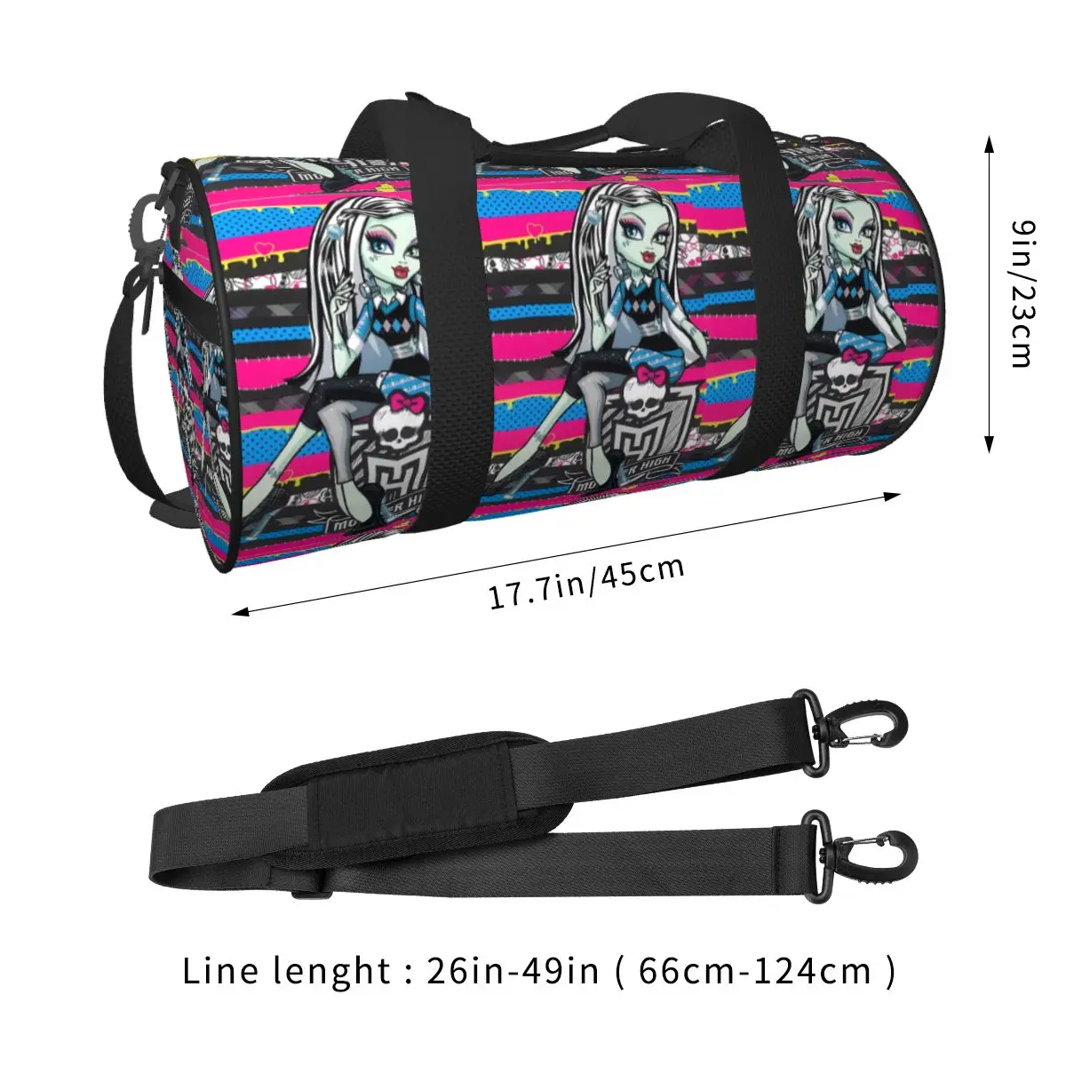 Monster High Sports Gym Bag, grande padrão 3D, bolsa personalizada fim de semana da menina, treino gráfico de viagem