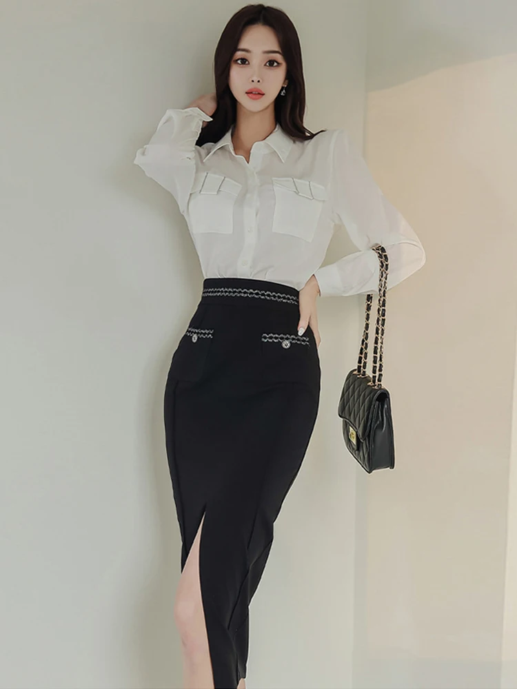 Fashion Work Style Lady Formal Commute 2 Pieces Outfits Women Clothes Elegant White Tops Shirt Blouse And Black Skirt Mujer Set