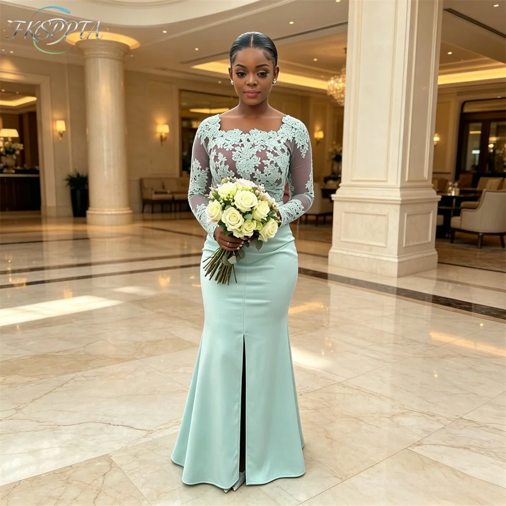 Full Sleeves Mint Green African Bridesmaid Dresses Appliques Visible Tulle Satin Long Wedding Guest Attires Vestido De Festa