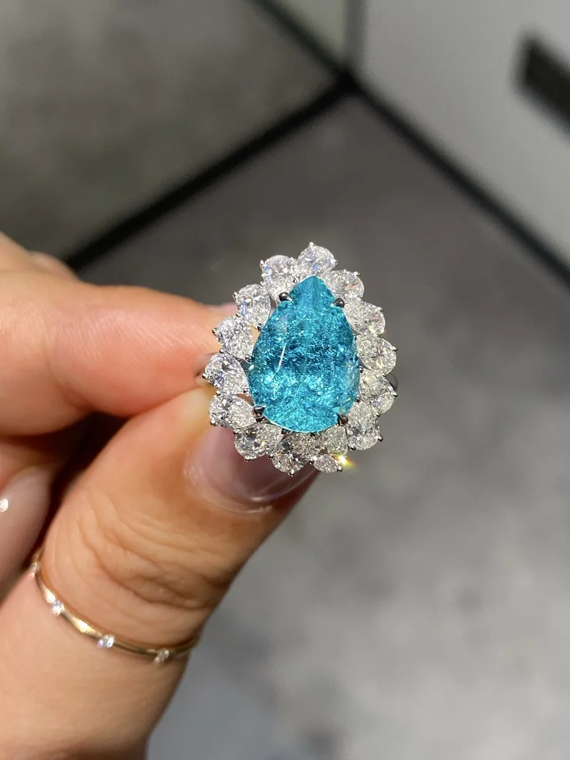 Ruif Luxury Customized Platinum About 9ct Lab Grown Yag  Paraiba Tourmaline Ring Women Wedding Bridal Jewelry
