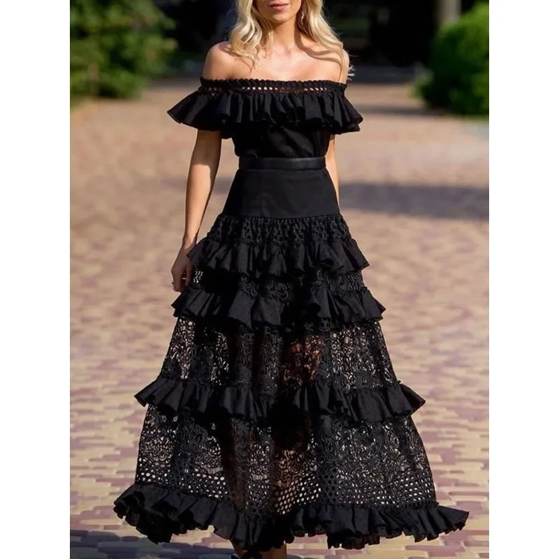 

Lace Dress High Waist Slim Fits High Waist Off-Shoulder Ruffled Maxi Dress Women Short Sleeve Hollow Wide Hem Slash Collar Dress